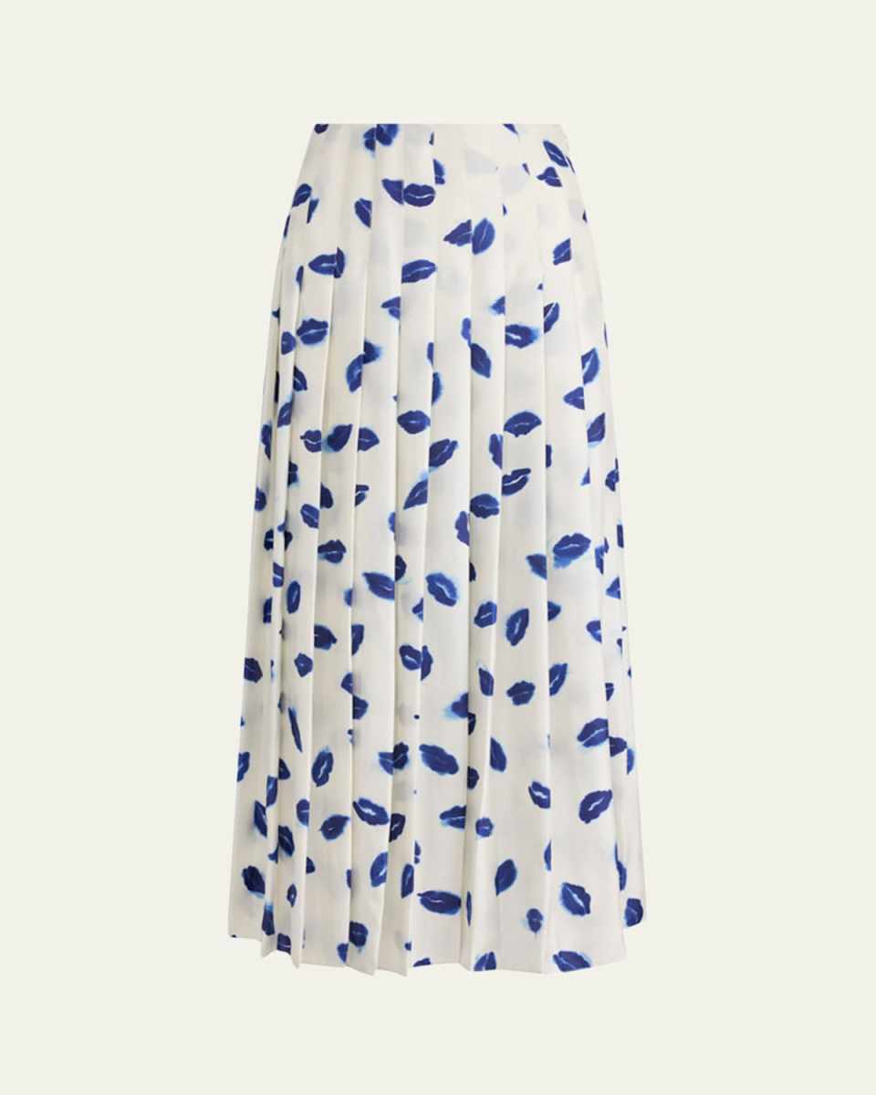 Monti Lip-Print Pleated Maxi Skirt